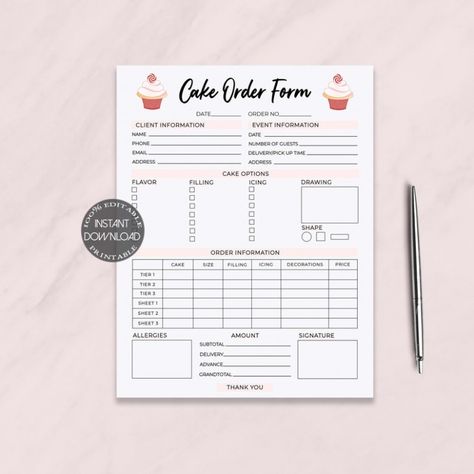 Cake Order Form Editable Template Bakery Order Form Receipt  Etsy Pdf Sample Cake Order Form Template, Bakery Order Form, Cake Order Form, Cake Order Forms, Bakery Cake, Order Form Template, Cake Sizes, Sales Process, Form Template