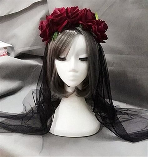 Goth Veil, Flower Hair Crown, Flower Headband Diy, Dark Red Roses, Goth Guys, Headband Vintage, Hair Accessories Vintage, Boho Goth, Goth Accessories