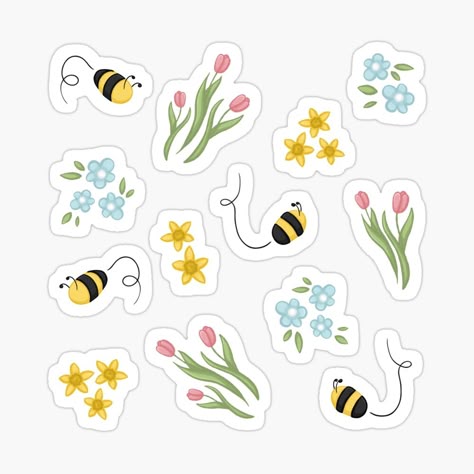 Get my art printed on awesome products. Support me at Redbubble #RBandME: https://www.redbubble.com/i/sticker/Cute-Spring-Bee-Tulips-and-Daffodils-Flower-Pattern-Digital-Illustration-by-AlmightyClaire/76594900.JCQM3?asc=u May Stickers, Spring Journal, Sticker Flower, Spring Drawings Ideas Art, Cute Flower Stickers, Cute Digital Stickers, Cute Flowers Stickers, Spring Flowers Illustration, Spring Doodles