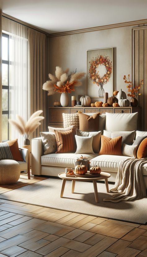 Cozy fall-themed living room with a beige sectional sofa, adorned with orange, brown, and cream pillows and a knitted throw blanket. Wooden coffee table decorated with pumpkins and autumn leaves. Light filters through large windows, giving a warm feel. Dark Gray And Burnt Orange Living Room, Fall Orange, Cream And Orange Living Room, Orange And Cream Living Room, Fall Living Room Ideas, Burnt Orange Living Room, Cozy Fall Living Room, Fall Interior Design, Elegant Fall Decor