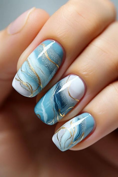 Stunning Blue Beach Nails - Top 21 Summer Manicure Ideas Winter Manicures, Birthday Nail Designs, Elegant Manicure, Light Blue Nails, Baby Blue Nails, Winter Manicure, Chrome Nails Designs, Marble Nail, Nail Trend