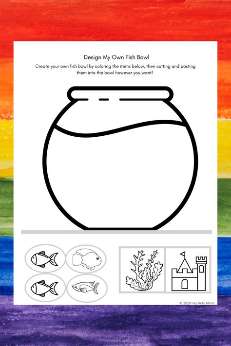 A free printable PDF preschool activity where kids can color, cut, and paste to create their own fish bowl however they like.  #preschoolactivity #preschoolprintable #freeprintable #preschoollearning #printable #cuttingactivity #pastingactivity #coloringpage #freecoloringactivity #freeactivity #activityforkids #kidsactivity #preschoolactivities #summerlearning #fisforfish Pet Week Preschool, Pet Activities For Toddlers, Preschool Pet Activities, Rainbow Fish Activities, Pet Study, Pets Preschool Theme, Fish Activities, Pet Projects, Childcare Activities