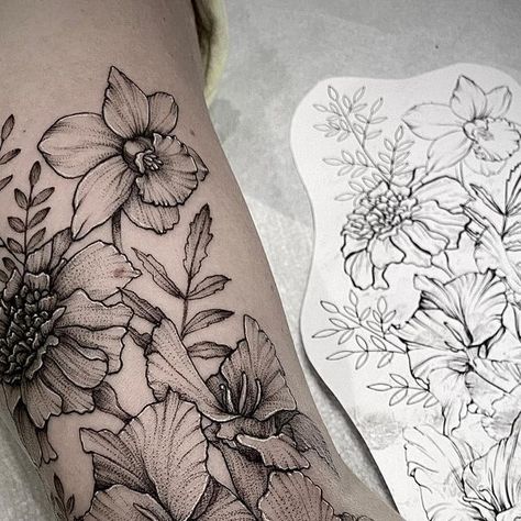 Tattoos by Robyn Pallotta on Instagram: "Added just a few flowers to Casey’s arm today. Birth flowers for her awesome kids . . #gladiolustattoo #daffodiltattoo #marigoldtattoo#floraltattoo #floraltattoos #delicatetattoo #delicatetattoos #fineline #finelinetattoo #finelinetattoos #daintytattoo #texastattooartist #daintytattoos #austintexas #blackworktattoo #blackwork #atxtattoo #austintattoo #austintx #austin #atx #austintattooer #austintattoos #austintattooartist #femaletattooartist #ladytattoo Austin Tattoo, Gladiolus Tattoo, Marigold Tattoo, Flowers For Her, Daffodil Tattoo, Texas Tattoos, Delicate Tattoo, Female Tattoo Artists, Dainty Tattoos