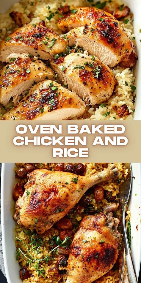 Say hello to a hearty, One-Pan Oven Baked Chicken and Rice recipe that’s simple to make and bursting with flavor! This easy baked chicken recipe combines tender chicken and fluffy rice, all cooked together in the oven for a low-maintenance, mouthwatering meal! Perfect for family dinners, meal prep, or cozy nights in. Oven Chicken And Rice, Oven Baked Chicken And Rice, Baked Chicken And Rice, Dinner Rice, Dutch Oven Chicken, Oven Baked Chicken Thighs, Chicken And Rice Recipe, Chicken Baked, Oven Baked Chicken Breasts