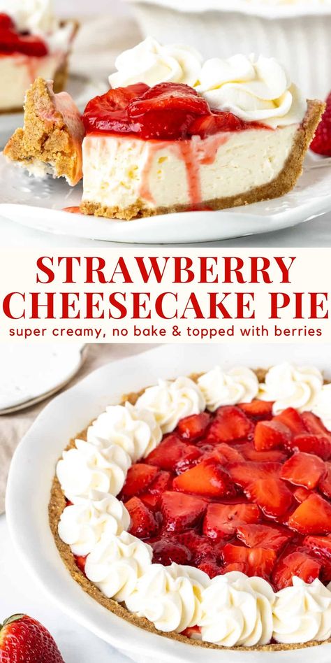 This delicious strawberry cream cheese pie is the perfect berries and cream dessert. It's completely no bake with a deliciously creamy cheesecake filling, berry tipping, and whipped cream #strawberry #creamcheesepie #cheesecakepie #recipe #berries from Just So Tasty https://www.justsotasty.com/strawberry-cream-cheese-pie/ Strawberry Cheesecake Design, Cream Cheese Cool Whip Cheesecake, Strawberry Cheesecake Decoration Ideas, Strawberry Pie Filling Desserts, Berries And Cream Dessert, Cream Cheese Pie No Bake, Strawberry Cheesecake Pie, Strawberry Cream Pie Recipe, Cheesecake Pies