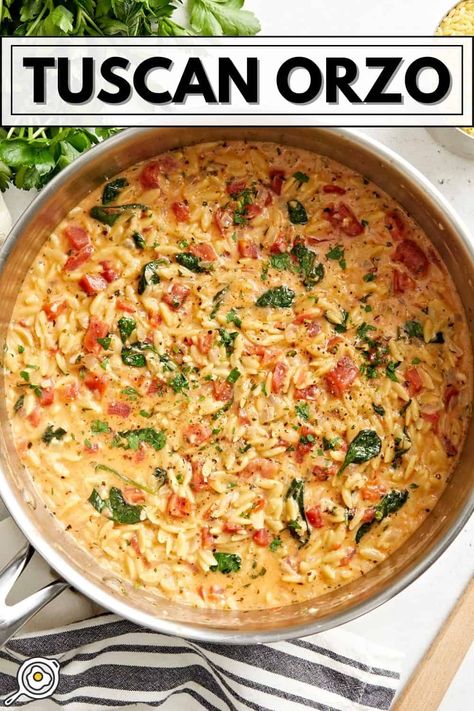 Tuscan Orzo, Orzo Pasta Recipes, Orzo Dishes, Simple Family Meals, Orzo Recipes, Chicken Meal Prep, Chicken Pasta Recipes, Recipe Roundup, Mediterranean Diet Recipes