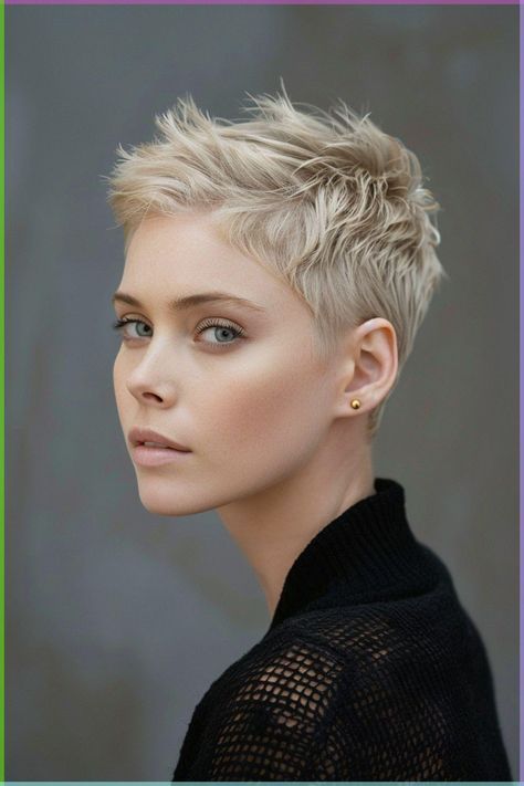 Blonde Short Hair On Black Women, Strawberry Blonde Pixie Haircut, Super Short Blonde Hair, Blond Pixie Haircut, Short Hair For Fat Face, Super Short Hairstyle Women, Short Blonde Hair Pixie, Feminine Buzz Cut, Short Edgy Pixie Haircut