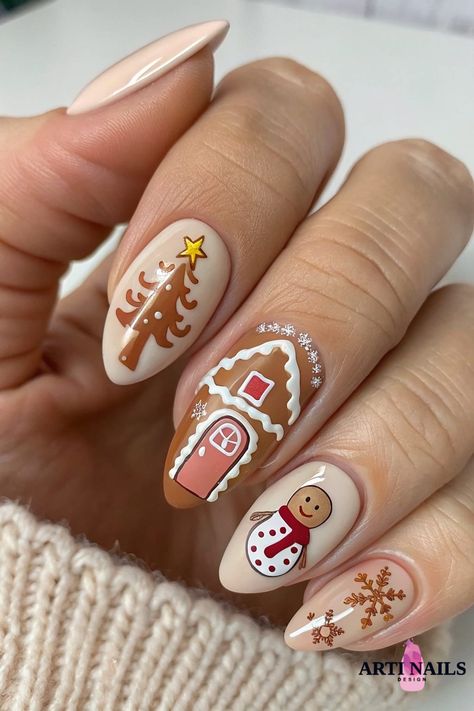 Gingerbread and snowflake holiday nails. Ginger Bread Man Nails Design, Smores Nails, Gingerbread House Nail Art, Intricate Christmas Nails, Creative Christmas Nails, Christmas Tree Nails Designs, Bread Nails, Gingerbread House Nails, Gingerbread Nail Art