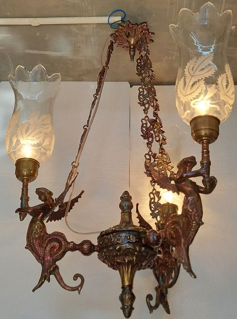 Art Nouveau Lighting, Glass Mermaid, Glass Art Deco, Old Lamps, Romantic Lighting, Hanging Chandelier, Antique Chandelier, Ceiling Hanging, Antique Lighting