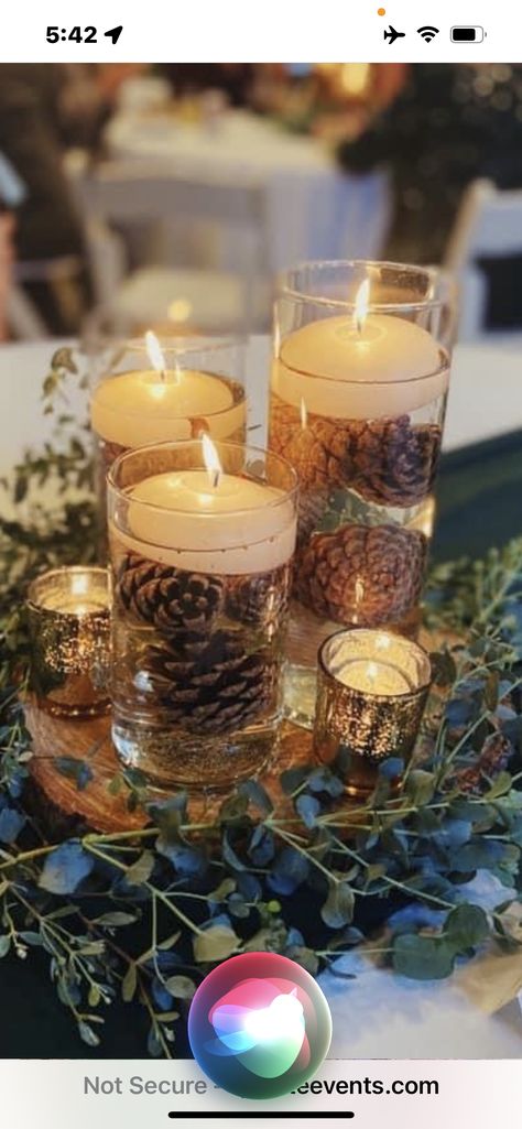 Small Winter Centerpieces, Fall Floating Candle Centerpieces Wedding, Centerpieces For Holiday Party, Floating Candle Centerpieces Winter, Woodsy Table Centerpiece, Rustic Floating Candle Centerpieces, Fall Outdoor Wedding Centerpieces, Forest Theme Centerpieces Woods, Pumpkin Table Centerpiece Wedding