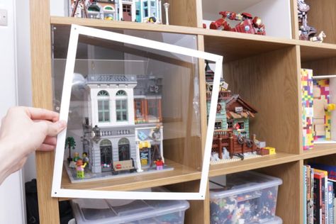 Lego House Display Ideas, Lego Display Ikea Hack, Lego Storage Furniture, Lego Building Display Ideas, Enclosed Lego Display, Display Shelf For Collectibles, Dust Free Lego Display, How To Display Lego Creations, Lego Collection Display Ikea