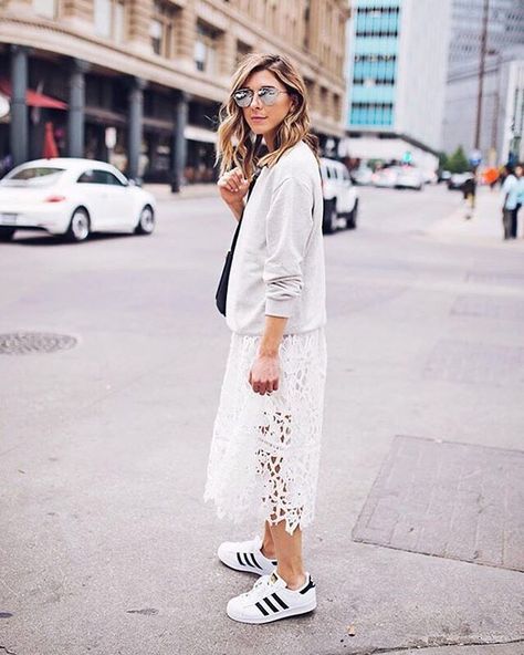 LIKEtoKNOW.it on Instagram: “Transition your lacey dresses into the day via @cellajaneblog's casual kicks and pullover crew | get ready-to-shop details with @LIKEtoKNOW.it | www.liketk.it/2kwM4 #liketkit” Lace Midi Skirt Outfit, Sheer Outfit, Lace Skirts, White Dress Styles, Cella Jane, Post Partum Outfits, White Lace Skirt, Fashion Week Outfit, Lacey Dress