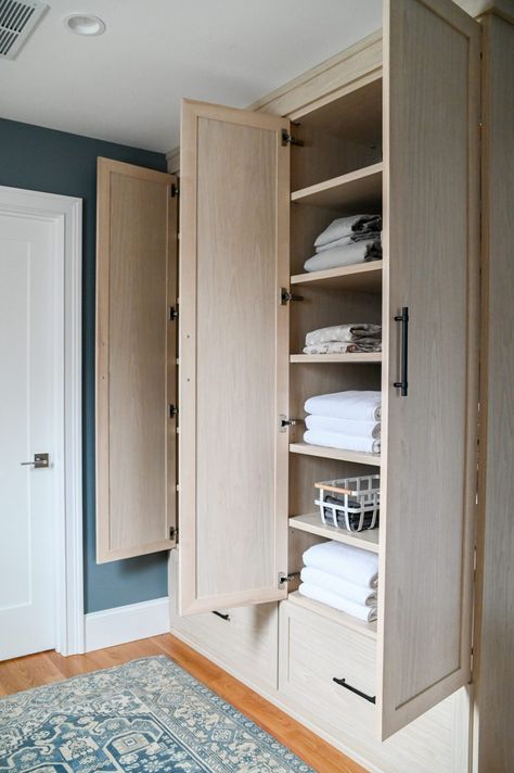 Before & After: Our Linen Closet - Oh, I Design Studio Large Linen Closet In Bathroom, Hall Linen Cabinets, Linen Closet In Hallway, Bathroom Closet Cabinet, Linen Closet In Bedroom, Linen Cabinet In Laundry Room, Built In Linen Cabinets, Laundry Room With Linen Storage, Bathroom Linen Closet Makeover