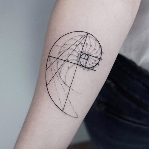 40 Amazing Fibonacci Tattoo Designs – Page 4 – TattooAdore | Tattoo Ideas | Tattoo Photography | Tattoo Questions and Answers Fibonacci Spiral Tattoo, Golden Ratio Tattoo, Spiral Tattoo, Fibonacci Tattoo, Science Tattoo, Science Tattoos, Spiral Tattoos, Sacred Geometry Tattoo, Geometry Tattoo