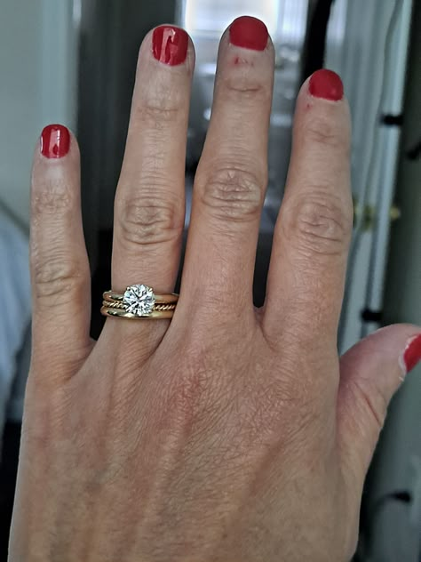 Stacked Round Engagement Ring, Gold Round Engagement Ring Stack, Flush Wedding Ring Set, Round Diamond Ring Stack, Round Solitaire Engagement Ring Stack, Mixed Metal Wedding Rings Stack, Thick Gold Wedding Band, Engage Ring, Mixed Metal Wedding Rings