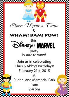 Marvel and Disney Party, Princess and Superhero Party invitation Princess And Marvel Party, Princess And Superhero Party Invitations, Boy Girl Shared Birthday Party Ideas, Princess Superhero Party, Princess And Superhero Party Ideas, Princess And Superhero Party, Marvel And Disney, Shared Birthday Parties, Superhero Party Invitations