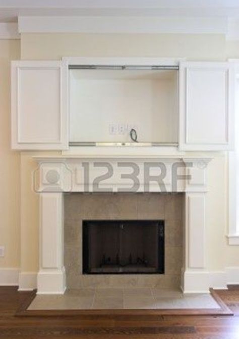 Storage above fireplace Tv Above Fireplace, Tv Over Fireplace, Tv Wall Cabinets, Open Cabinet, Hidden Tv, Photographers Gallery, Fireplace Remodel, 아파트 인테리어, Home Fireplace