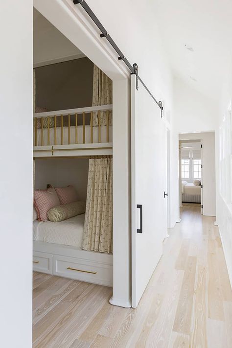 Bed In Knee Wall, Bunk Room With Curtains, Bunk Rooms With Privacy, Bunk Room Privacy, Bunk Room With Privacy, Bed Inside Wall, Small Bunk Rooms, Tiny Bunk Room, Small Bunk Room