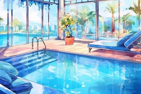 Anime style illustration of a pool with ... | Premium Photo #Freepik #photo #anime #city-illustration #illustrations #city Photo Anime, Summer Vision, Anime City, Hd Nature Wallpapers, Nature Wallpapers, City Illustration, Anime Oc, Lounge Chairs, Nature Wallpaper