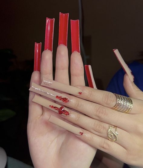 Xl Long Acrylic Nails Square Red, Long Red Bottom Acrylic Nails, Redbottom Nails Acrylic, Red Bottom Nails With Rhinestones, Red Tapered Square Nails, Baddie Long Nails, Red Bottom Acrylic Nails, Acrylic Nails Glitter, Red Bottom Nails