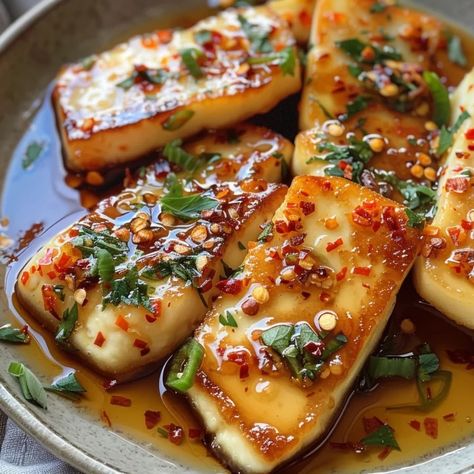 Discover how to perfect Halloumi with Chili Oil Honey Glaze, a delicious blend of sweet, spicy, and salty flavors. Healthy New Years Eve Recipes, Sweet Chili Recipe, Haloumi Recipes, Chili Honey, The Greek Gods, Halloumi Cheese, Creamy Parmesan Sauce, Green Chili, Honey Glaze