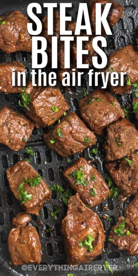 Whether cooking with a Ninja, Cosori, or a Vortex, this easy recipe for air fryer steak bites is sure to come out perfectly. All that is needed are easy marinade ingredients and the best entree or appetizer will be ready for snacking, dipping, and dunking. Flavorful and crispy steak bites are always a treat worth making! #airfryersteakbites #garlicbutter #recipes #everythingairfryer Marinade For Steak Bites, Chislic Recipe, Cowboy Butter Sauce, Steak Bites With Mushrooms, Air Fryer Steak Bites, Air Fry Steak, Asian Steak, Cowboy Butter, Asian Steak Bites