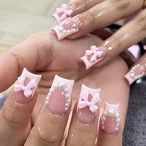 24 Pcs Pink French Tip Press on Nails Short Medium Square Fake Nails Cute Pearl Bow Designs Natural Fit False Nails Glossy Full Cover Glue on Nails Reusable Stick on Nails for Women Acrylic Nails Women Acrylic Nails, Nails Short Medium, Fake Press On Nails, Pink French Tip, French Tip Design, Bow Designs, French Tip Press On Nails, Nails Glossy, Press On Nails Short