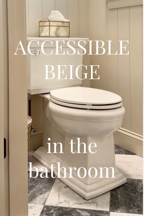 hold bathroom with vertical shiplap walls painted Accessible beige, gray and white marble checkerboard floors Warm Color Bathroom Ideas, Beige Floor Tile Bathroom Color Schemes, Bathroom With Beige Tub And Toilet, Almond Bathroom Ideas, Update Beige Tile Bathroom, Warm Marble Bathroom, Beige Toilet Bathroom Ideas, Almond Bathroom Update Ideas, Ivory Bathroom Ideas