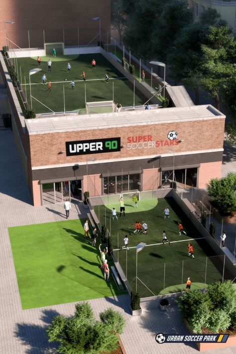 Rendering with two soccer fields. One rooftop soccer field and one in front of a building. Sports Training Facility, Indoor Soccer Field, Outdoor Sports Court, Abandoned Mansion For Sale, Urban Spaces Design, Sports Facility Architecture, Backyard Sports, Church Building Design, Modern Restaurant Design