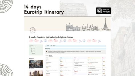 2 Weeks Eurotrip - Notion Itinerary template - Travel Template Notion Itinerary, Travel Template, Student Dashboard, Personal Workspace, Aesthetic Notion, Web Design Marketing, Smart System, Digital Organization, Itinerary Template