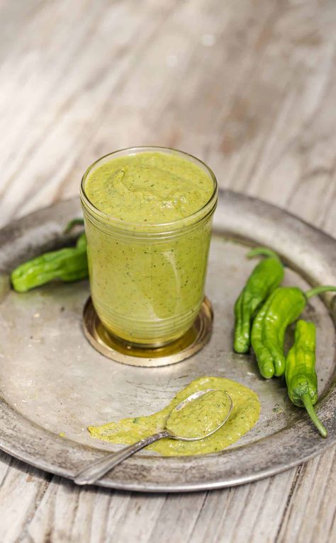 Avocado Green Sauce, Shishito Pepper Recipe, Asian Veggies, Shishito Pepper, Green Sauce Recipe, Gourmet Sauces, Shishito Peppers, Grilled Oysters, Green Sauce