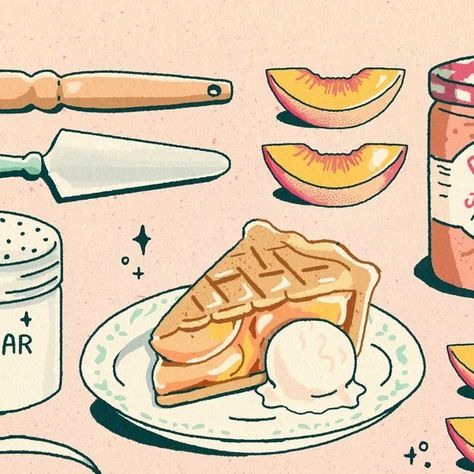 Peach pie illustration  Hand drawn by @eveandersondraws Cherry Pie Illustration, Jelly Packaging, Packaging Moodboard, Cozy Drawing, Peach Food, Pie Illustration, Easy Peach Pie, Themed Baking, Pie Drawing