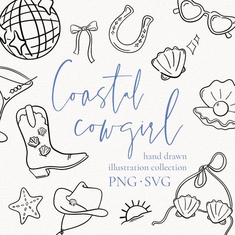 Bachelorette Illustration Art, Cowgirl Coastal Aesthetic, Beach Bachelorette Themes, Coastal Cowgirl Art, Cowgirl Illustration, Coast Cowgirl, Coastal Cowgirl Bachelorette, Toast On The Coast Bachelorette, Last Toast On The Coast