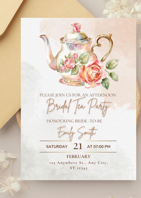 Tea Time Invitations, High Tea Invitations Template, Tea Party Invites Template, Afternoon Tea Invitations, Canva Invitations, High Tea Bridal Shower Invitations, Tea Party Invites, Cocktail Packaging, High Tea Invitations