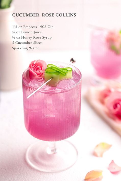 Spring Craft Cocktails, Rose Lemonade Cocktail, Rose Gin Cocktail, Whimsical Cocktails, Rose Drinks, Girly Cocktails, Cucumber Rose, Empress 1908 Gin, Rose Drink