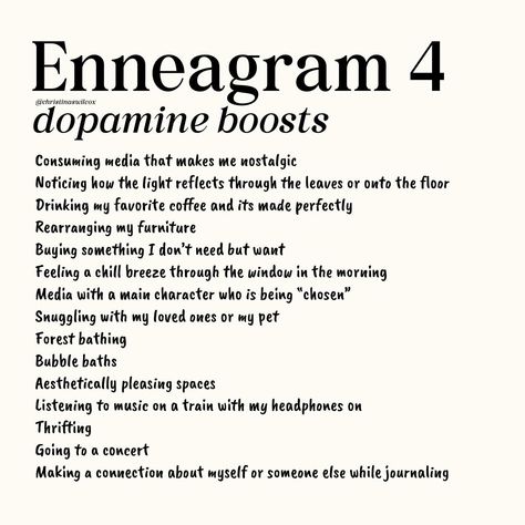 I asked y’all on my stories what your enneagram type was and what gave you a dopamine boost, and I wanted to compile and share the answers 🥰 What’s your type & your dopamine boost?! Also, if u want to join my virtual enneagram webinar & book club this month, u can get tix at the link in my bio/story highlights! 🪄 Enneagram 4 Aesthetic, Enneagram Type 4 Aesthetic, Enneagram Aesthetic, 4w5 Enneagram, Enfp 4w3, Dopamine Boost, Enneagram 4w5, Enneagram Type 4, 4 Enneagram