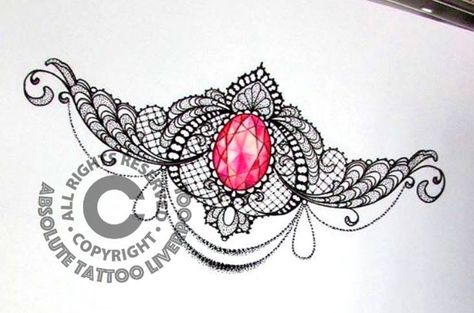 sternum tattoo lace drawing Shoulder Back Tattoo, Stamp Tattoo Ideas, Underbust Tattoo, Stomach Tattoos For Women, Lower Stomach Tattoos For Women, Jewels Tattoo, Flower Cover Up Tattoos, Feminine Tattoo Designs, Tattoo Sternum