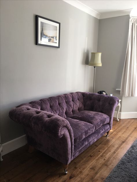 Walls painted in pavilion grey Farrow & Ball, velvet sofa from Laura Ashley Dark Purple Sofa, Purple Velvet Sofa Living Rooms, Purple Sofa Living Room Ideas, Purple Sofa Living Room, Plum Living Rooms, Plum Sofa, Plum Living Room, Purple Living Room Furniture, Purple Velvet Sofa