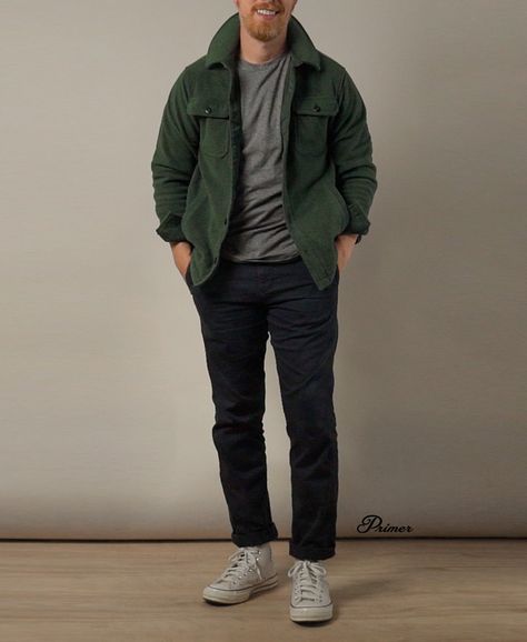 Casual Outfit: Shirt Jacket and Chinos | Primer Casual Jacket Outfit, Fleece Jacket Outfit, Green Jacket Outfit, Husband Clothes, Green Jacket Men, Shirt Outfit Men, Military Jacket Green, Shirt Jacket Men, Outfit Styling