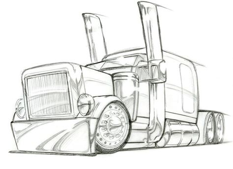 Cartoon Semi Truck, Trucker Tattoo, Lowrider Drawings, Truck Tattoo, Cars Black, Motorcycle Drawing, Scary Tattoos, Man Cave Art, Cool Car Drawings