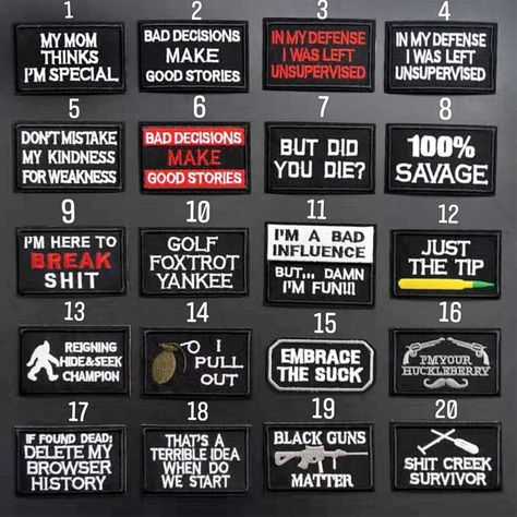 Set of 20 Different Slogan Embroidered Hook & Loop/Iron-On 2X3 inch Patch Patch Ideas Diy, Embroidered Accessories, Army Aesthetic, Punk Jacket, Funny Patches, Army Humor, Fun Sayings, Bag Patches, Punk Patches