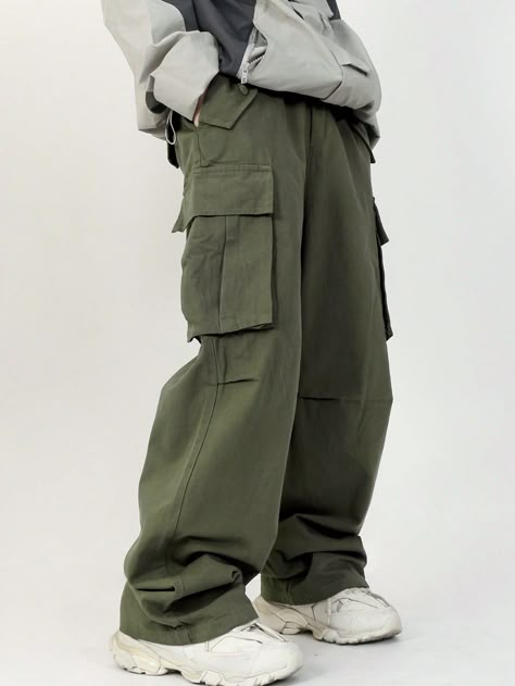 Verde militar Calle Collar  Tela tricotada Liso Pantalones cargo Embellished No-Elástico Soft Cargo Pants, Cool Pants For Men, Cargo Fits Men, Men Clothes Aesthetic, Men’s Pants, Mens Clothing Style, Cargo Ideas, Male Cargo Pants, Baggy Cargo Pants Men