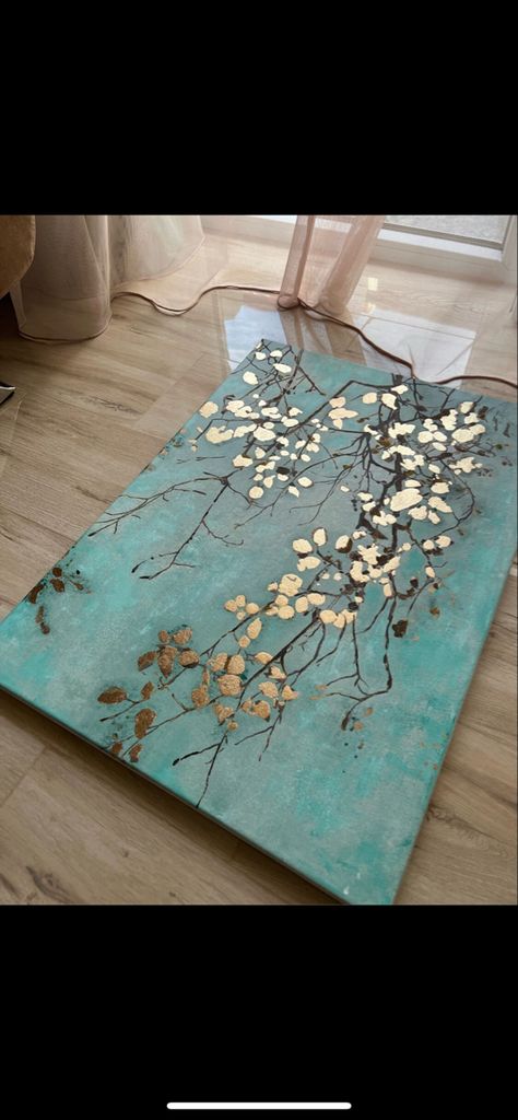 Canvas Painting Projects, Painting Flowers Tutorial, Gold Painting, Muse Art, Soyut Sanat Tabloları, Turquoise Background, Canvas Painting Designs, Painting Art Lesson, Plaster Art