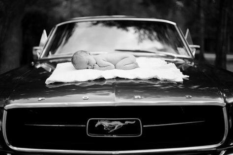 Newborn Shoot mustang antique husband baby Newborn Race Car Photography, Classic Car Newborn Photo, Race Car Newborn Pictures, Newborn Car Photoshoot, Newborn Truck Photography, Newborn Car Photography, Car Newborn Pictures, Newborn Picture Ideas Boy, Antique Car Photoshoot