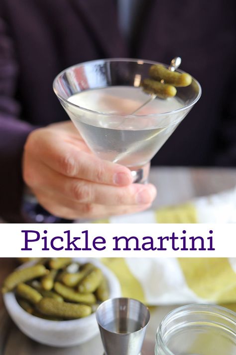 Homemade pickle vodka makes an amazing martini! Mixed with extra dry vermouth and ice, it's a unique cocktail for a serious pickle lover. Extra Dirty Vodka Martini, Pickletini Recipe, Pickle Martini Recipe, Florida Drinks, Pickle Martini, Flavored Vodka Drinks, Vermouth Cocktails, Speciality Drinks, Vegan Beverages