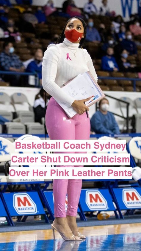 Sydney Carter Outfits, Coach Sydney Carter, Basketball Coach Outfit Women, Female Coach Outfits, Pink Leather Pants Outfit, Coach Game Day Outfit, Black And White Pants Outfit, Leather Pants Outfit Black Women, Coaching Outfits