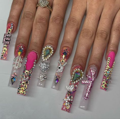 Press On Nails Square, French Press On Nails, Nail Pink, Junk Nails, Long Press On Nails, Drip Nails, Edgy Nails, Colored Acrylic Nails, Stiletto Nails Designs