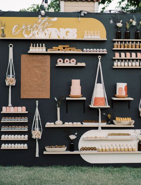 Inspired by the brides favorite treats this dessert wall is sure to please everyone's sweet tooth.  Photo: @elizabethwarrick_ Lolly Bar, Dessert Wall, Dessert Display Wedding, Dessert Wedding, Wedding Cake Alternatives, Garage Studio, Booth Decor, Diy Bride, Modern Wedding Inspiration