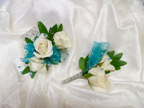 Wrist Corsage & Boutonniere White Majolika Spray Rose Set - Turquoise Ribbon & Spray Gems, White Bling Full Cuff Bracelet  2016 Aqua Corsage Prom, Turquoise Corsage And Boutonniere, White And Teal Corsage, Corsage For Teal Dress, Teal Corsage And Boutonniere, Fresh Flower Wrist Corsage, Turquoise Boutonniere, Prom Colors Schemes, Corsage Hoco