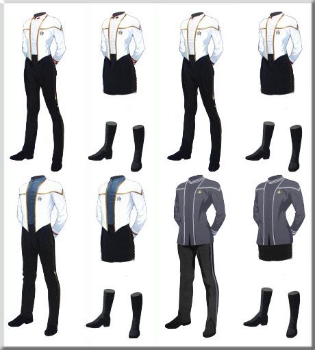 Starfleet Dress Uniforms Top Left: Admiral Top Right: Captain Lower Left: Officer Lower Right: Enlisted Futuristic School Uniform, Futuristic School, Space Captain, School Uniform Outfits, Space Outfit, Uniform Dress, Royal Outfits, Space Suit, Futuristic Design